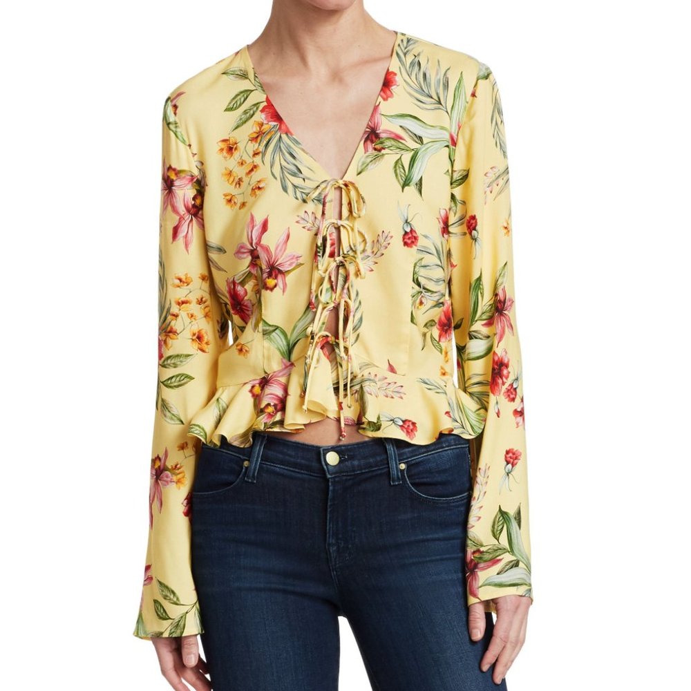 Scripted Tie Front Crop Peplum Blouse